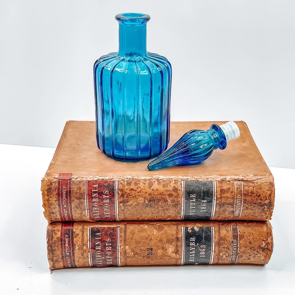Vintage Blue Glass Decanter MCM Empoli Ribbed Glass Barrel